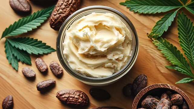 Natural shea butter with cocoa and hemp leaves on wooden background