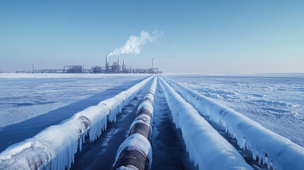 pipeline leading to processing plant in arctic winter