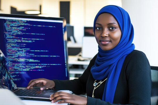 Professional Muslim Woman in IT Industry Working on Code in Modern Office