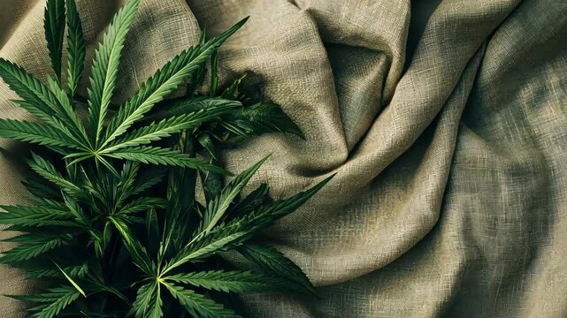 Natural hemp fabric with fresh cannabis leaves for eco-friendly lifestyle
