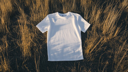 Simple white t-shirt mockup on dry grass in a sunny outdoor setting during the afternoon