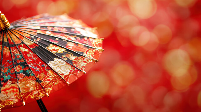 Traditional asian parasol with red and gold patterns, festive bokeh background