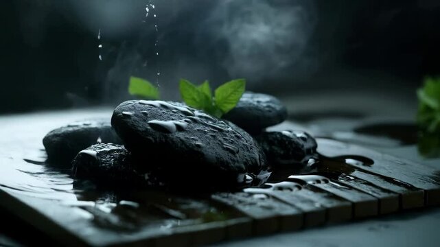 Tranquil black stones with mint leaves and water droplets in zen spa ambiance