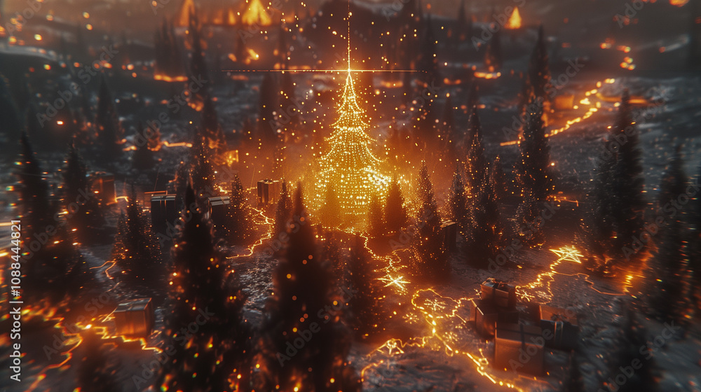 Poster glowing christmas tree in magical forest with sparkling lights..