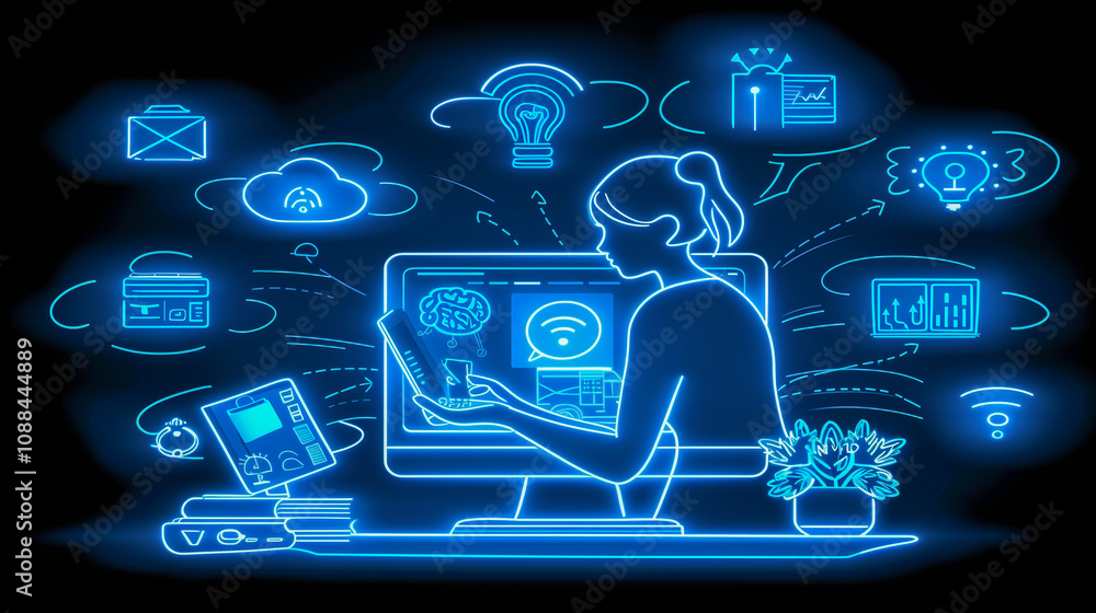 Poster neon digital workspace with technology and communication icons..