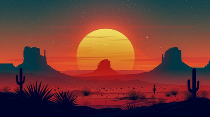 Obraz premium Desert Sunset Illustration with Silhouetted Cacti and Buttes..