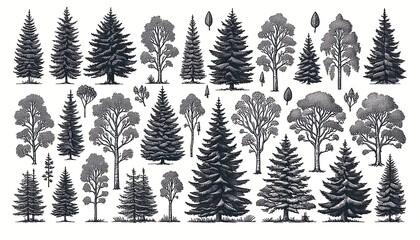 Fototapeta premium Collection of Black and White Tree Illustrations and Sketches. generator AI
