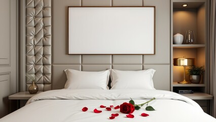 Modern Bedroom Interior with Red Rose and Blank Canvas