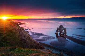 Magnificent Hvitserkur rock formations in the sea on Atlantic coast. Location place Troll,...