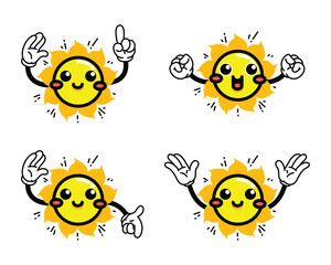 A creative set of cute suns with hands in various poses, pointing up, pointing down, happy, greeting. Flat vector illustration isolated on a white background.