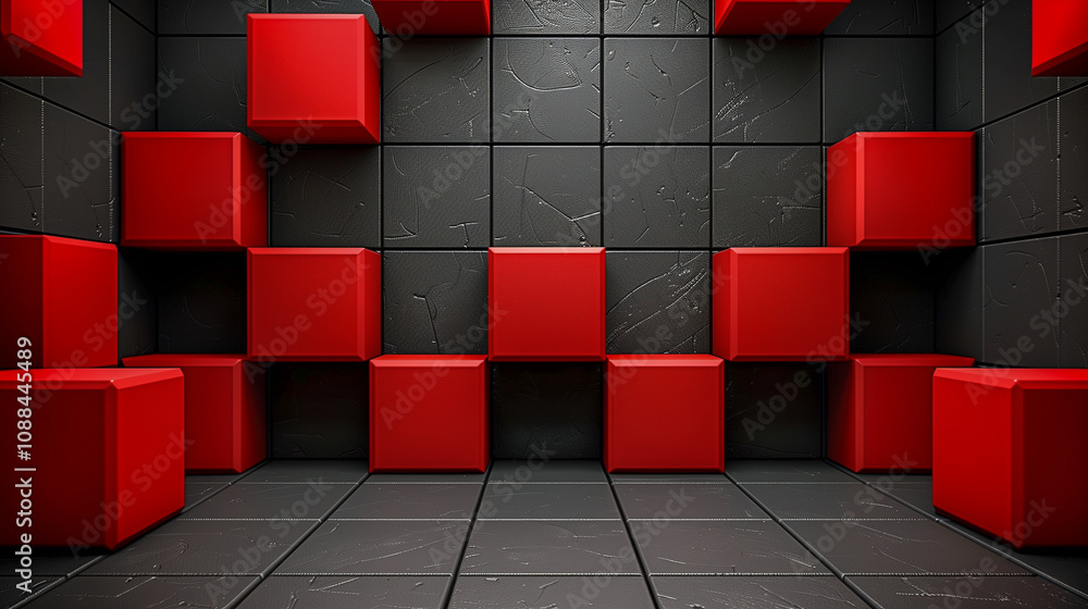 Poster 3d red and black cubic wall pattern with textured background