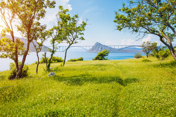 Modern Krk Bridge connects the Croatian island of Krk with the mainland. Kvarner bay, Croatia, Europe.