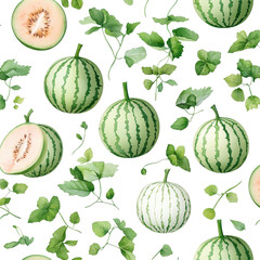 Watercolor seamless pattern of melons, isolated on a white background. PNG