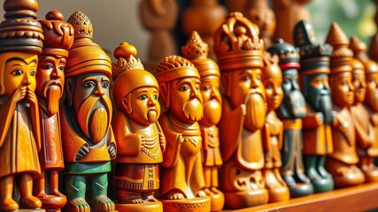 Fototapeta premium A row of intricately carved, vibrant wooden figurines of varying shapes, sizes, and hues form a cohesive group,