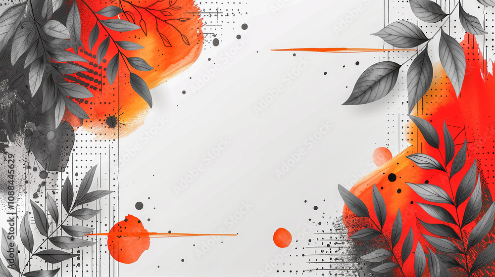 Poster abstract botanical frame with red and black ink elements