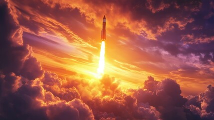Majestic Rocket Launch Amidst Vibrant Sunset Sky with Clouds Illuminated by Flames and Trail of Smoke Creating a Stunning Display of Human Ingenuity and Technological Brilliance