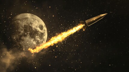 Rocket Launching Towards the Moon with Flames and Space Dust, Symbolizing Adventure, Exploration, and the Quest for Knowledge in the Vast Universe