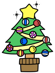 This illustration shows a lovely, brightly colored Christmas tree with round ornaments.