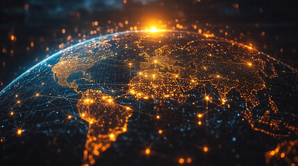 Abstract digital planet Earth with a global network, yellow colors, black background 