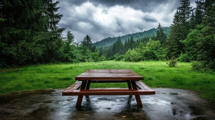 Obraz premium A Quiet Picnic Table in a Rainy Forest Clearing Surrounded by Lush Greenery and Overcast Skies, Evoking a Sense of Tranquility and Nature's Beauty