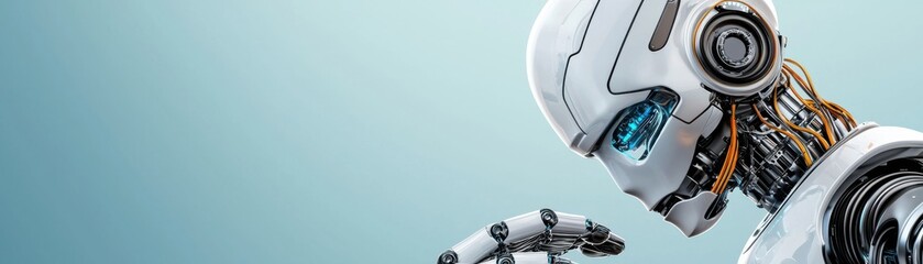 Fototapeta premium Futuristic humanoid robot with intricate design and glowing eyes, modern aesthetic, blue background.