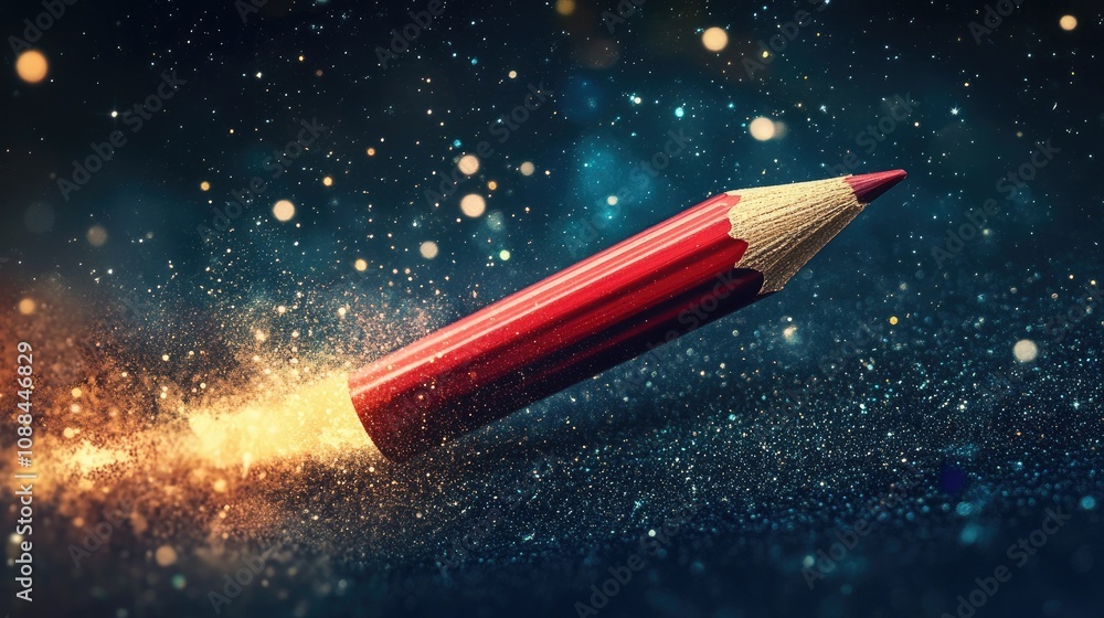Poster dynamic red pencil in motion with shimmering particles and dark background, representing creativity,