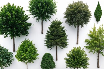 Aerial View of a Collection of Isolated Lush Trees and Foliage on a White Background
