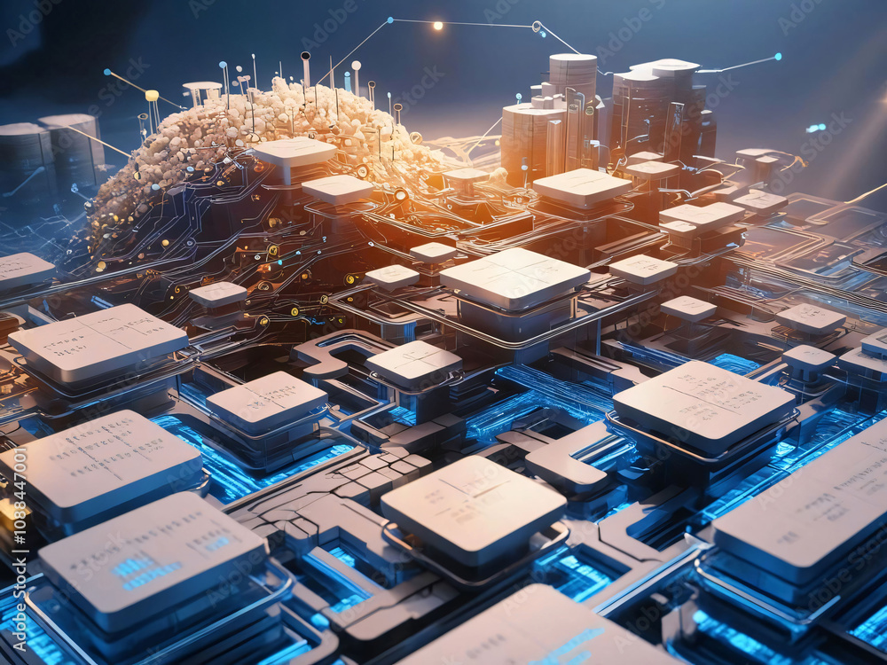 Poster a vibrant digital landscape showcases interconnected microchips and circuits, illuminated by glowing