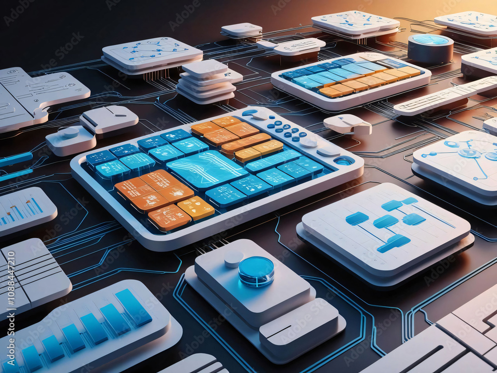 Poster a futuristic digital control interface showcases various buttons and graphical elements in blue and 