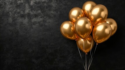 Elegant Gold Balloons Bunch on Black Wall Background - Luxurious Party Decoration