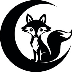 Fox Sitting Under a Crescent Moon - Vector Black Silhouette Cricut Design for T-Shirt