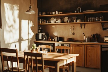 Cozy Rustic Kitchen Interior with Wooden Table and Sunlit Atmosphere for Home Design