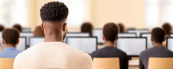 A group of individuals focused on their screens in a modern office environment, symbolizing teamwork and collaboration in the digital age.