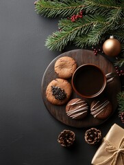 A cozy festive arrangement featuring a cup of coffee, cookies, and rustic Christmas holiday decorations, perfect for winter enjoyment.