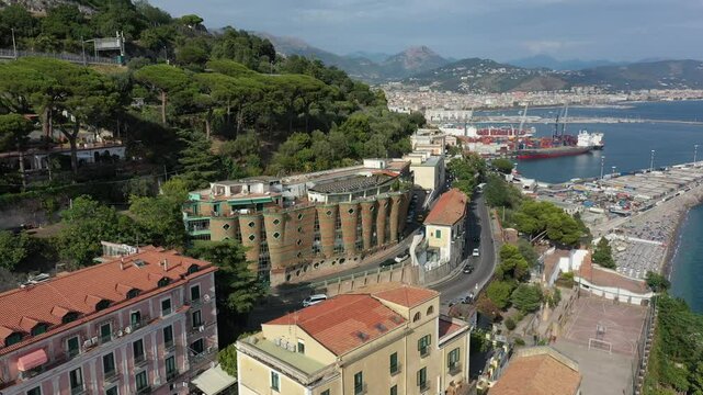 Aerial view of the sea, promenade and central part of the town of Vietri sul Mare on a sunny summer day, Raite, Salerno, Italy