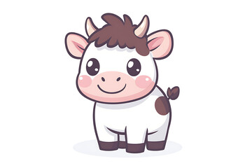 Naklejka premium A cute cartoon cow with a smiling face and small horns, designed in a playful style.
