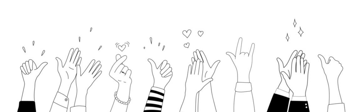 Doodle sketch hands up gestures comic icons silhouettes vector set. Group of line art fun comic hands in the air. Voting or happy congratulation audience recognition symbols.