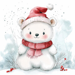 Cute Polar Bear with Santa Hat, Winter Design for Kids' Rooms and Festive Decor, generated ai