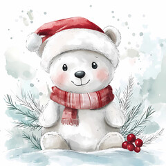 Cute Polar Bear with Santa Hat, Winter Design for Kids' Rooms and Festive Decor, generated ai