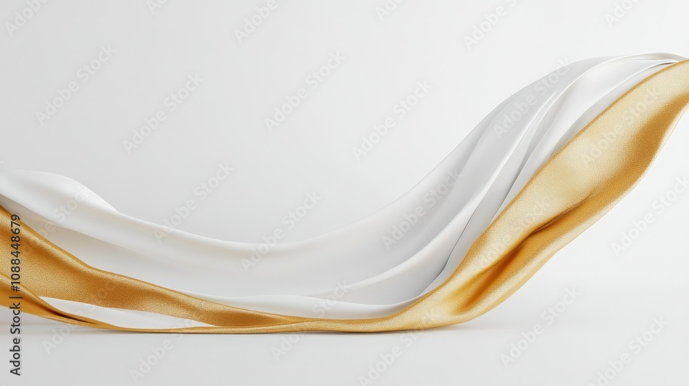 Poster flowing white and gold fabric drapery with soft curves and smooth texture, ideal for creative backgr