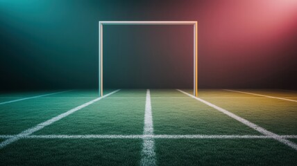 Naklejka premium A captivating view of an empty soccer goal on a well-maintained field, illuminated by vibrant colored lights, creating a dramatic atmosphere.