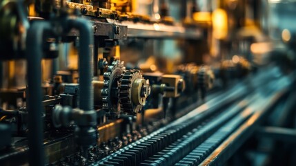 Naklejka premium Industrial machinery with gears and conveyor belts in a manufacturing setting.
