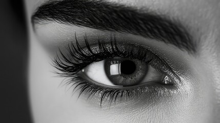 Fototapeta premium Close-Up View of a Beautiful Female Eye with Long Lashes and Detailed Iris in Stunning Black and White Photography