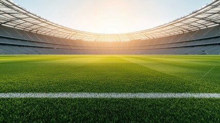 Fototapeta premium A spacious sports stadium with lush green grass, illuminated by a golden sunset, creating a vibrant atmosphere for events.