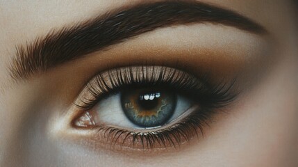 Obraz premium Close-Up of Beautiful Woman's Eye with Stunning Detail, Featuring Vibrant Colors, Luscious Lashes, and Defined Eyebrow, Perfect for Beauty and Makeup Themes in Photography