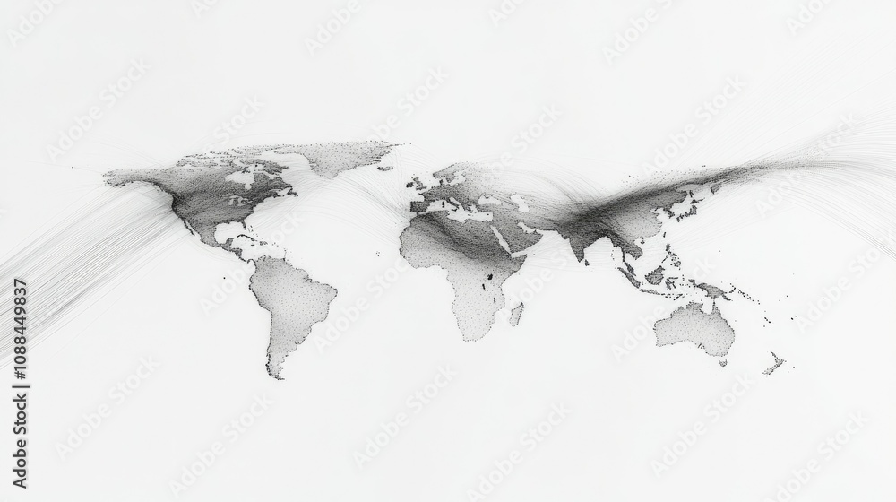 Aufkleber abstract artistic representation of the world map with flowing lines and shades in black and white, 