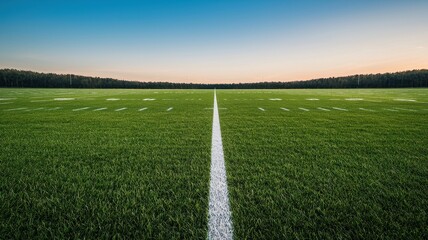 Obraz premium A wide view of a lush green sports field with a white center line, stretching into the distance beneath a clear sky at dusk.