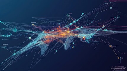 Abstract visualization of global data flow with colorful lines and points representing connections and information exchange across the world in a digital landscape
