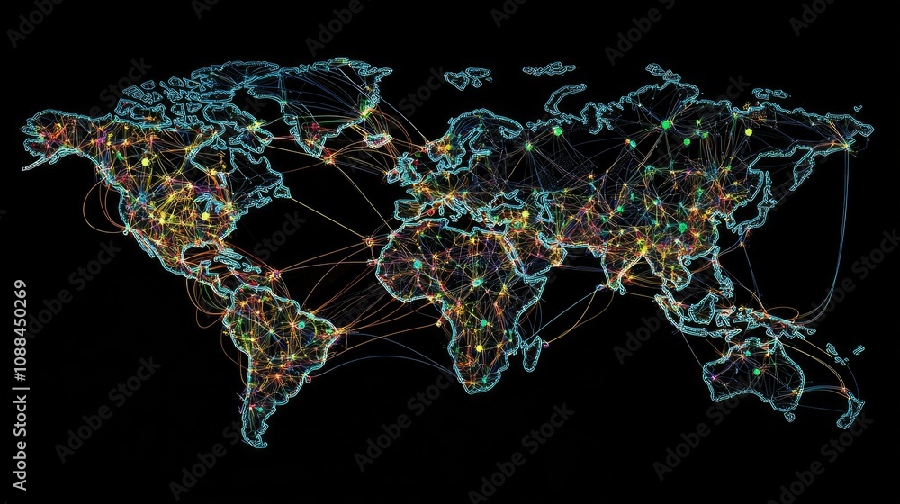 Poster detailed representation of global connectivity illustrated through a vibrant network map highlightin