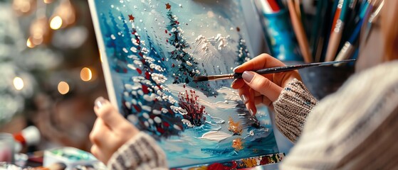 Artist painting a serene winter landscape on canvas with brushes and color palette, capturing snow-covered trees and peaceful scenery.